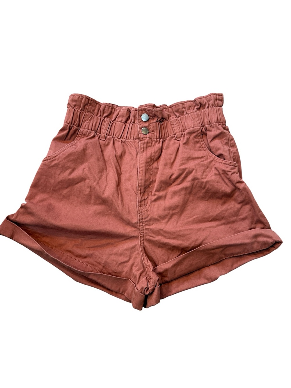 H&M Shorts Womens Size 10 Brown Paperbag High Waist Elastic Waist Cuffed Stretch